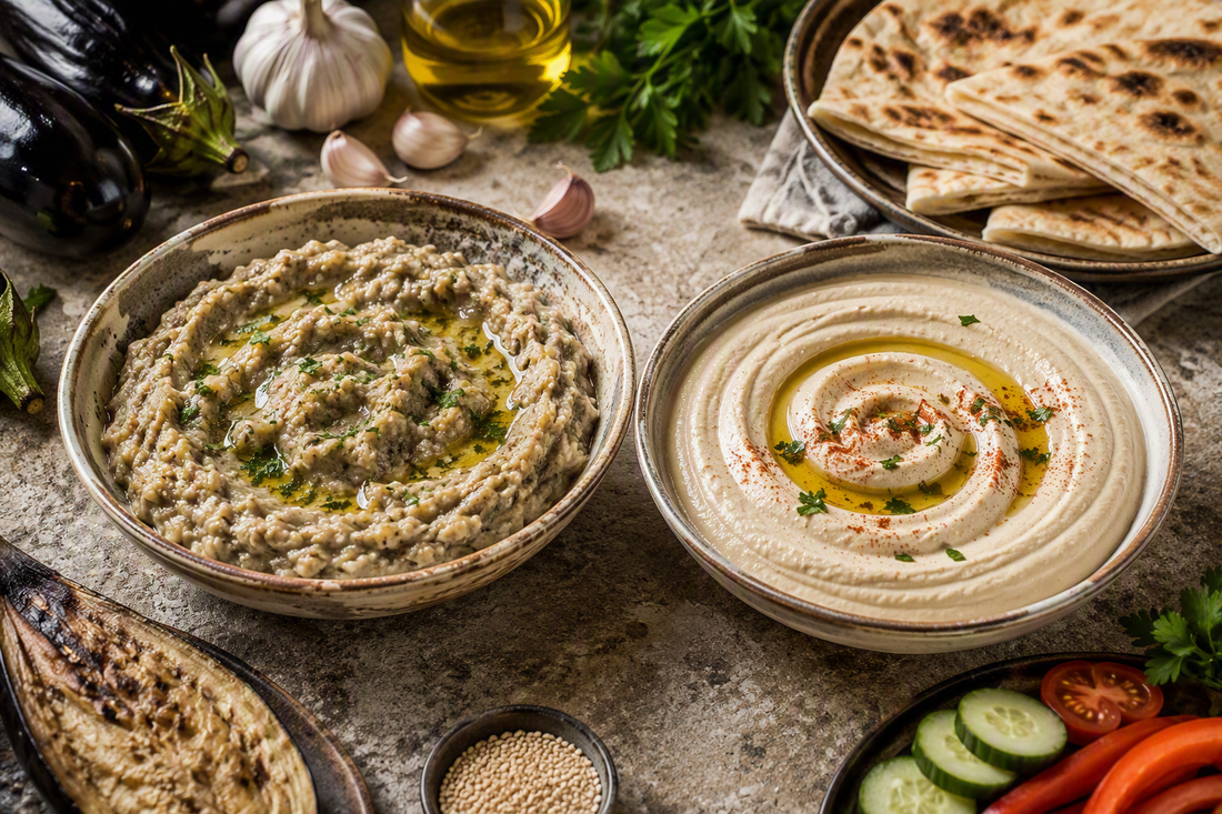 Side-by-side comparison of traditional Babaganoush and Mutabbal in ceramic bowls, showing the rustic, chunky texture of Babaganoush and the smooth, creamy texture of Mutabbal with olive oil and herbs on a Mediterranean table.