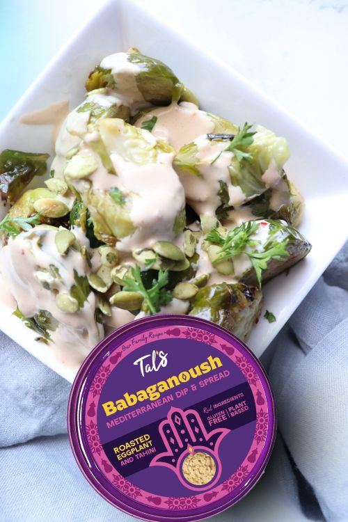 Amazing Bro Salad on a plate with Tal's Babaganoush Mediterranean Dip featuring Roasted Eggplant and Tahini flavor.