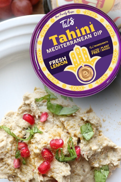 Gourmet Eggplant on a plate with Tal's Tahini Mediterranean Dip Fresh Lemon featured.