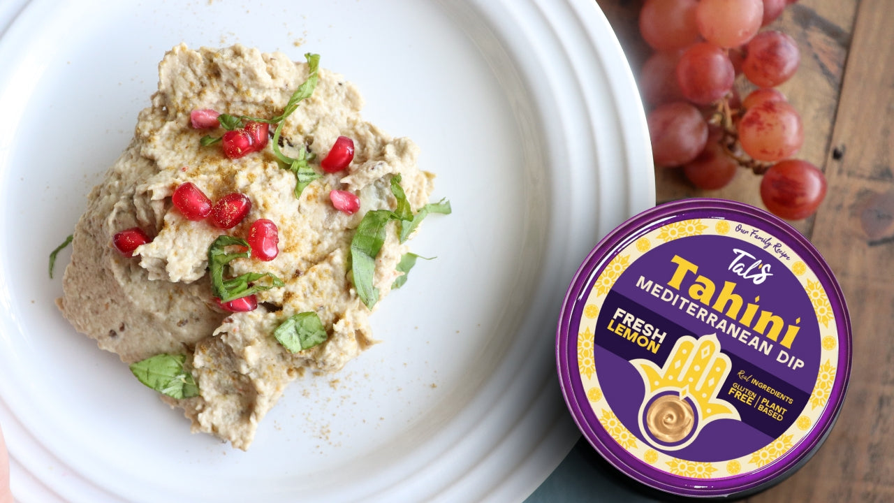 Gourmet Eggplant on a plate featuring Tal's Tahini Mediterranean Dip Fresh Lemon flavor