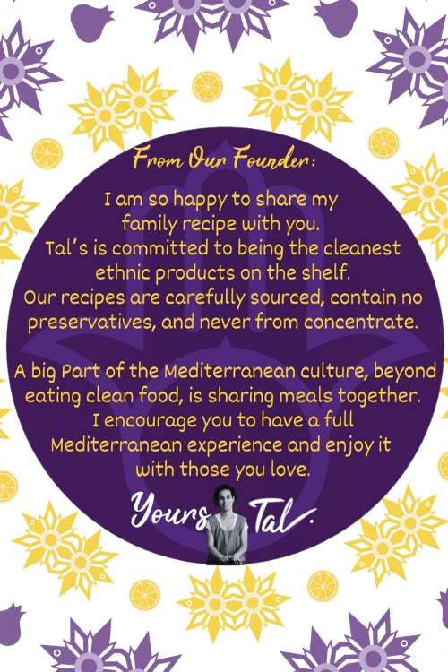 The founder of Tal's Mediterranean expresses gratitude while sharing her cherished family recipe with prospective customers.