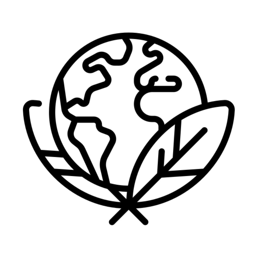 An icon representing nature with the Earth at the center and leaves on each side.