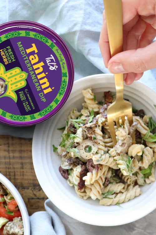 Parsley Mint Pasta Salad on a plate with Tal's Tahini Mediterranean Dip Fresh Garden Herbs featured