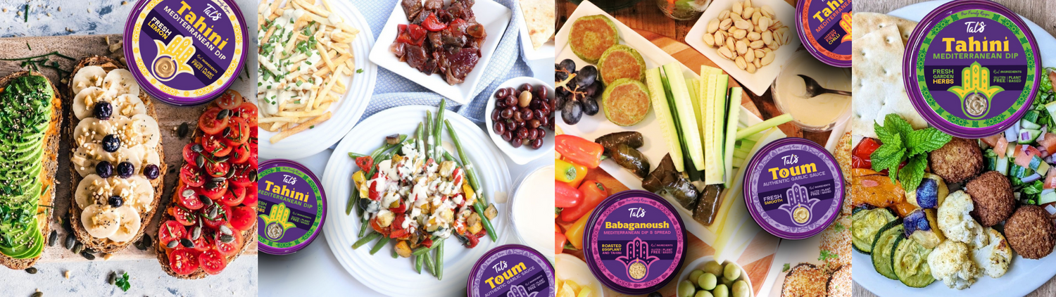 Four promotional photos of Mediterranean foods, each highlighting one of Tal's Mediterranean products.