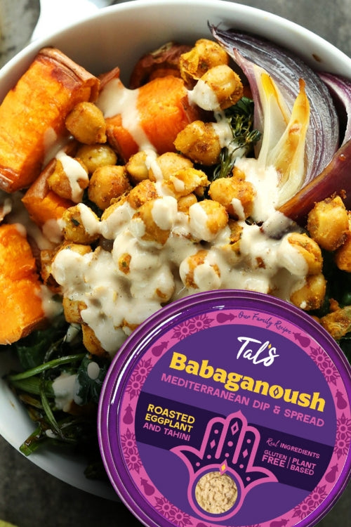 Side dishes in a bowl featuring Tal's Babaganoush Mediterranean Dip & Spread, roasted eggplant and tahini flavor.