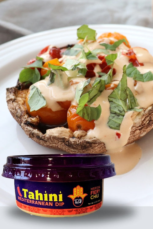 Spicy Keto Pizabella on a plate featuring Tal's Tahini Mediterranean Dip Harissa Fiery Chili flavor