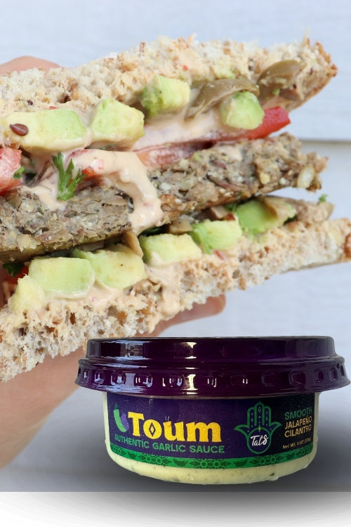 Spicy Veggie Burger with Tal's Smooth Jalapeno Cilantro Toum Sauce