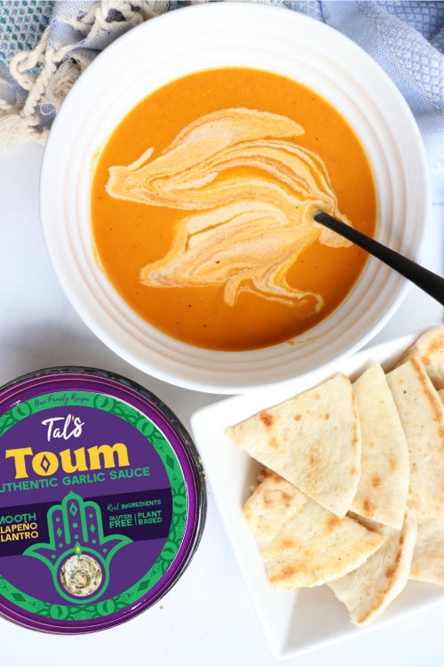  Spicy Kick Carrot Soup with Tal's Toum Authentic Garlic Sauce in Smooth Jalapeno Cilantro flavor