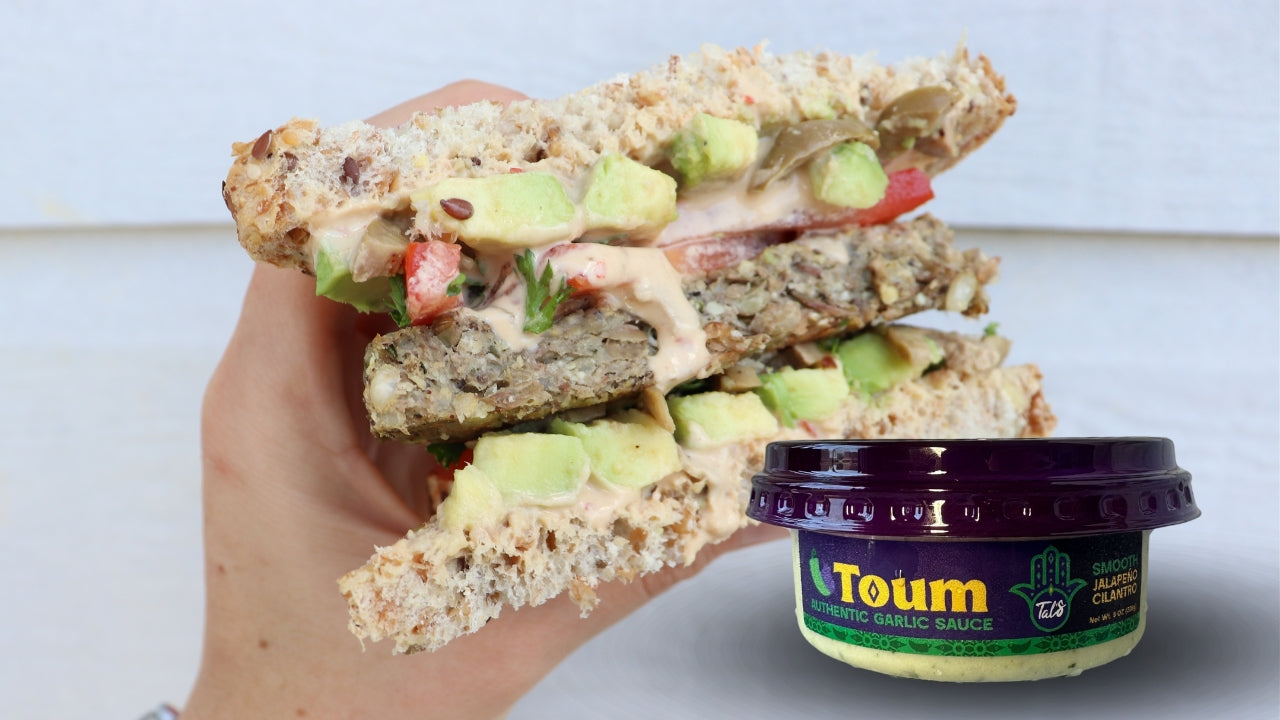 Spicy Veggie Burger Sandwich with Tal's Smooth Jalapeno Cilantro Toum Authentic Garlic Sauce