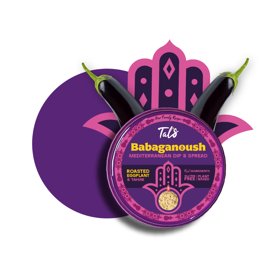 Tal's Babaganoush Mediterranean Dip & Spread product packaging displayed on a light background with a bold purple and pink Mediterranean-inspired graphic design. A round container labeled “Tal's Babaganoush Mediterranean Dip & Spread” is centered in the image, with two fresh eggplants positioned behind the container. The packaging highlights roasted eggplant and tahini, all-natural ingredients, gluten-free, and plant-based qualities.