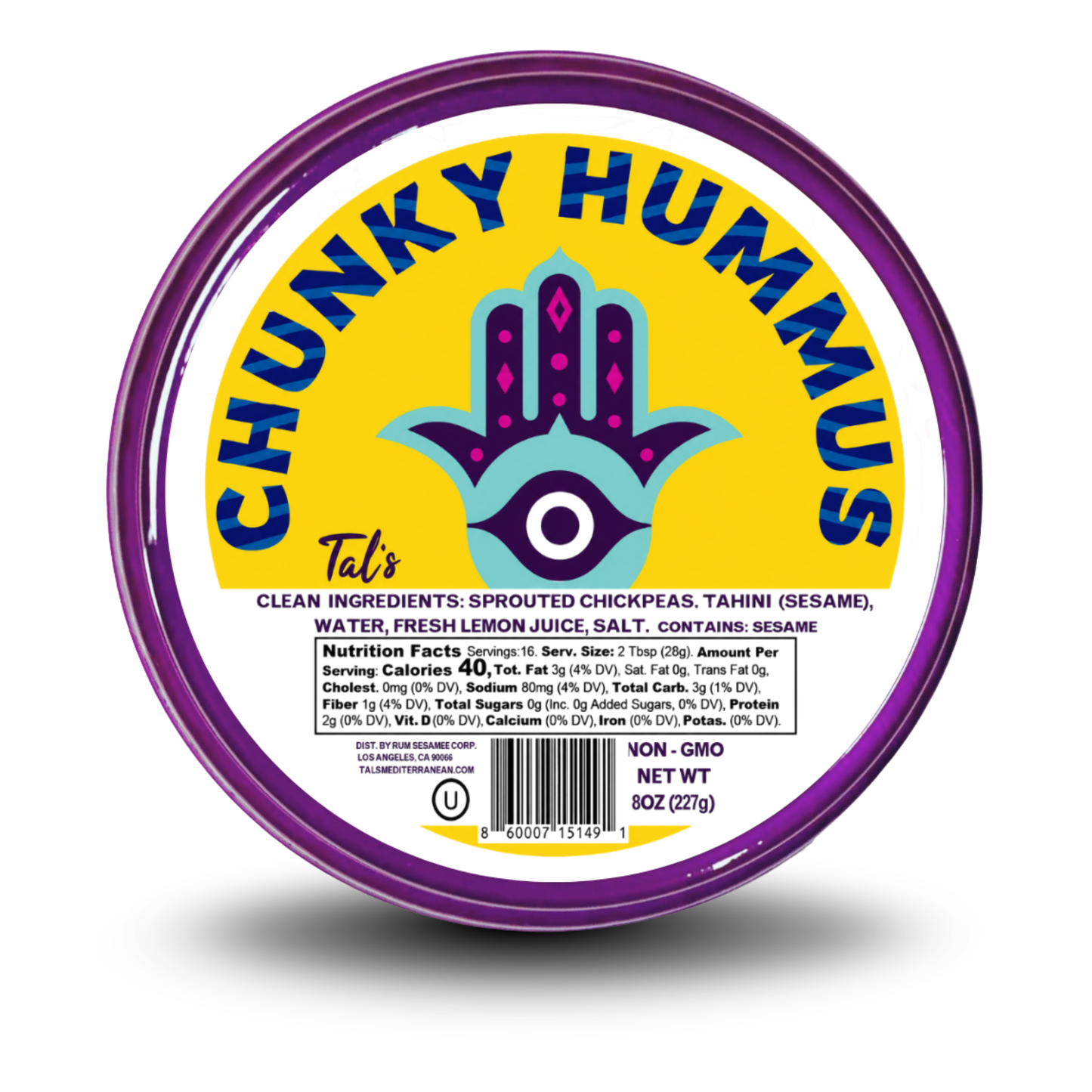 Tal’s Mediterranean Chunky Hummus featuring a creamy hummus base with whole chickpeas, presented in the brand’s signature packaging