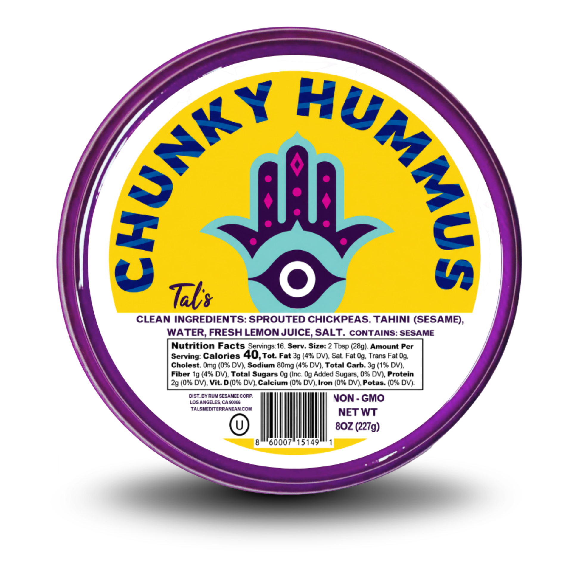 Tal’s Mediterranean Chunky Hummus featuring a creamy hummus base with whole chickpeas, presented in the brand’s signature packaging